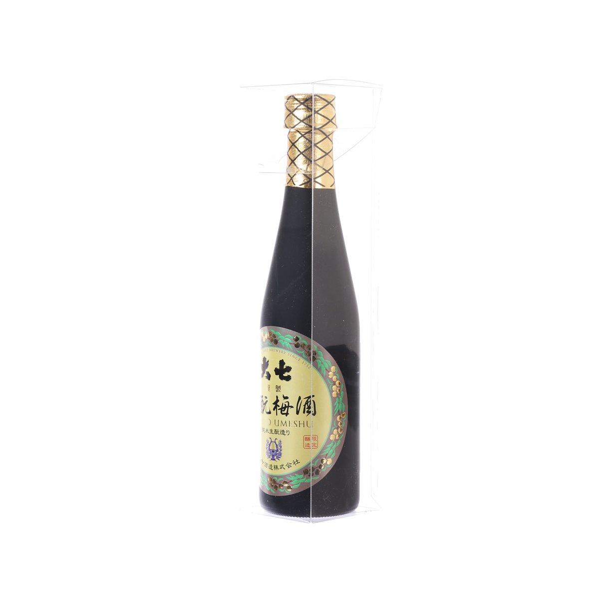 Umeshu bottle with gold lattice neck wrap and front label, 300 mL