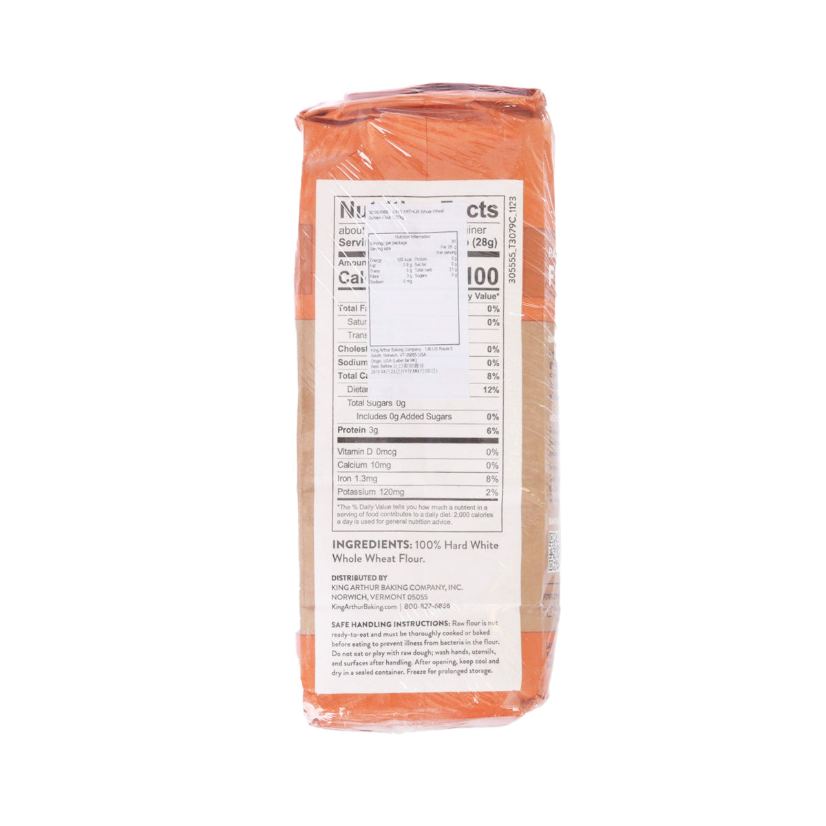 KING ARTHUR whole wheat flour bag, back nutrition facts panel, ingredients list