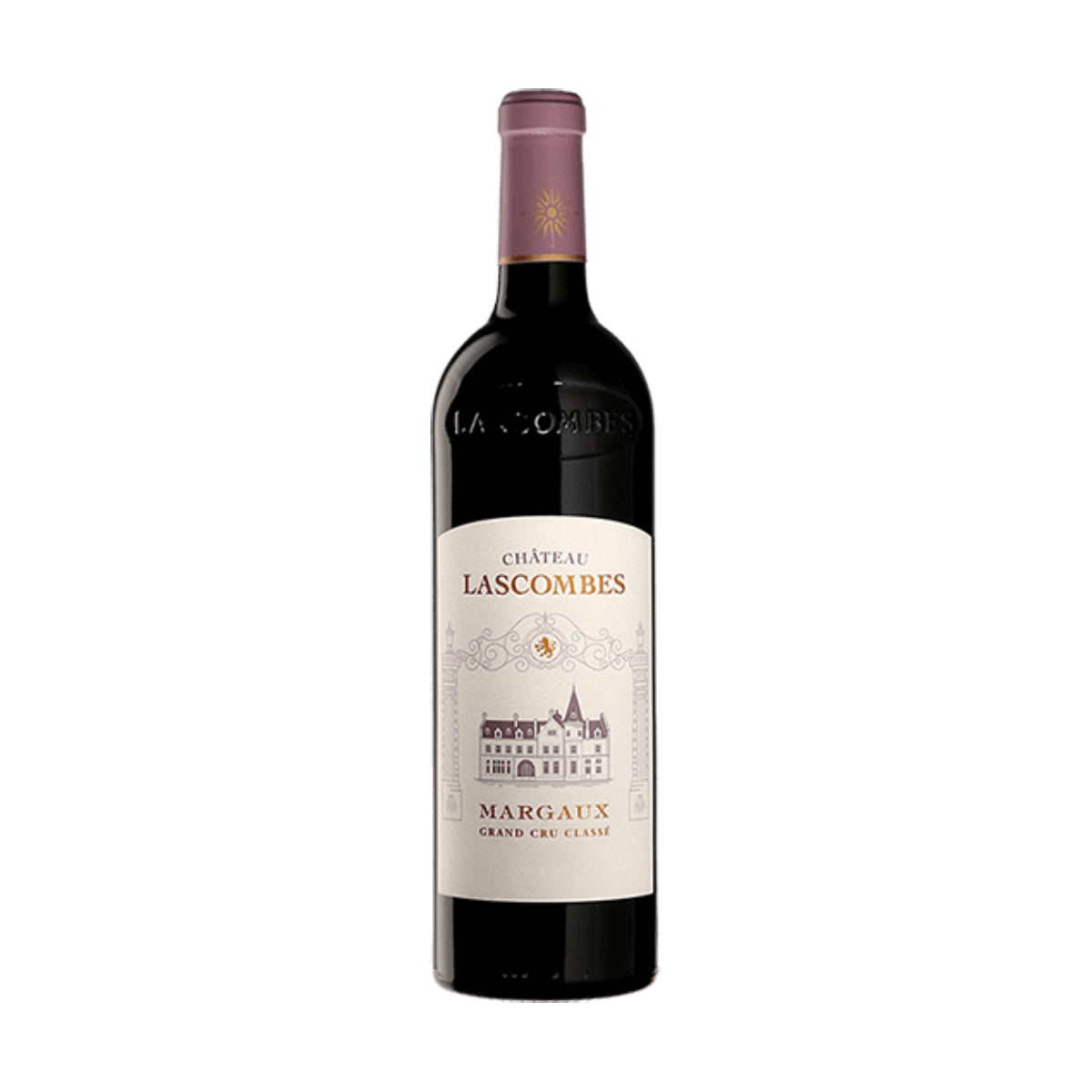 Wine bottle with purple cap and CHATEAU LASCOMBES Margaux label