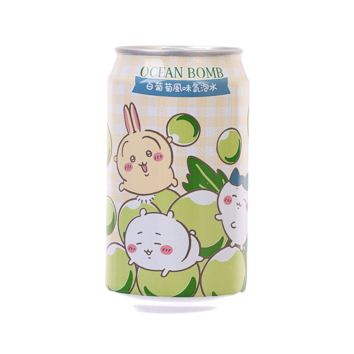 Ocean Bomb sparkling water can with cute bunny illustration, white and green label