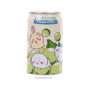 Ocean Bomb sparkling water can with cute bunny illustration, white and green label