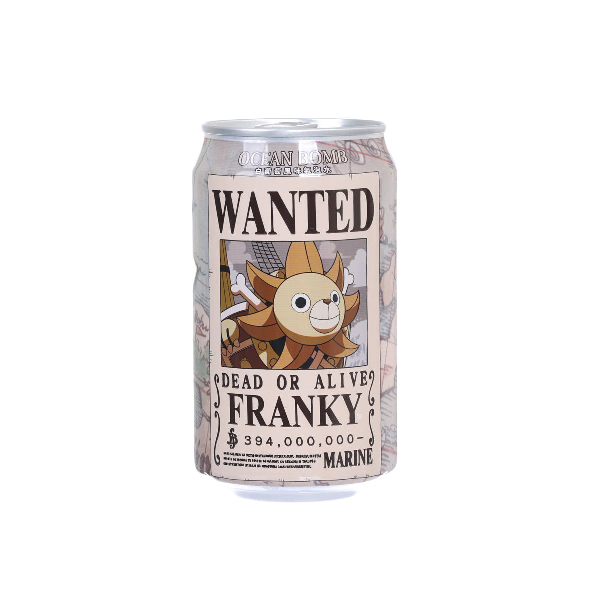Sparkling water can with “WANTED” poster-style graphic and cartoon character face.