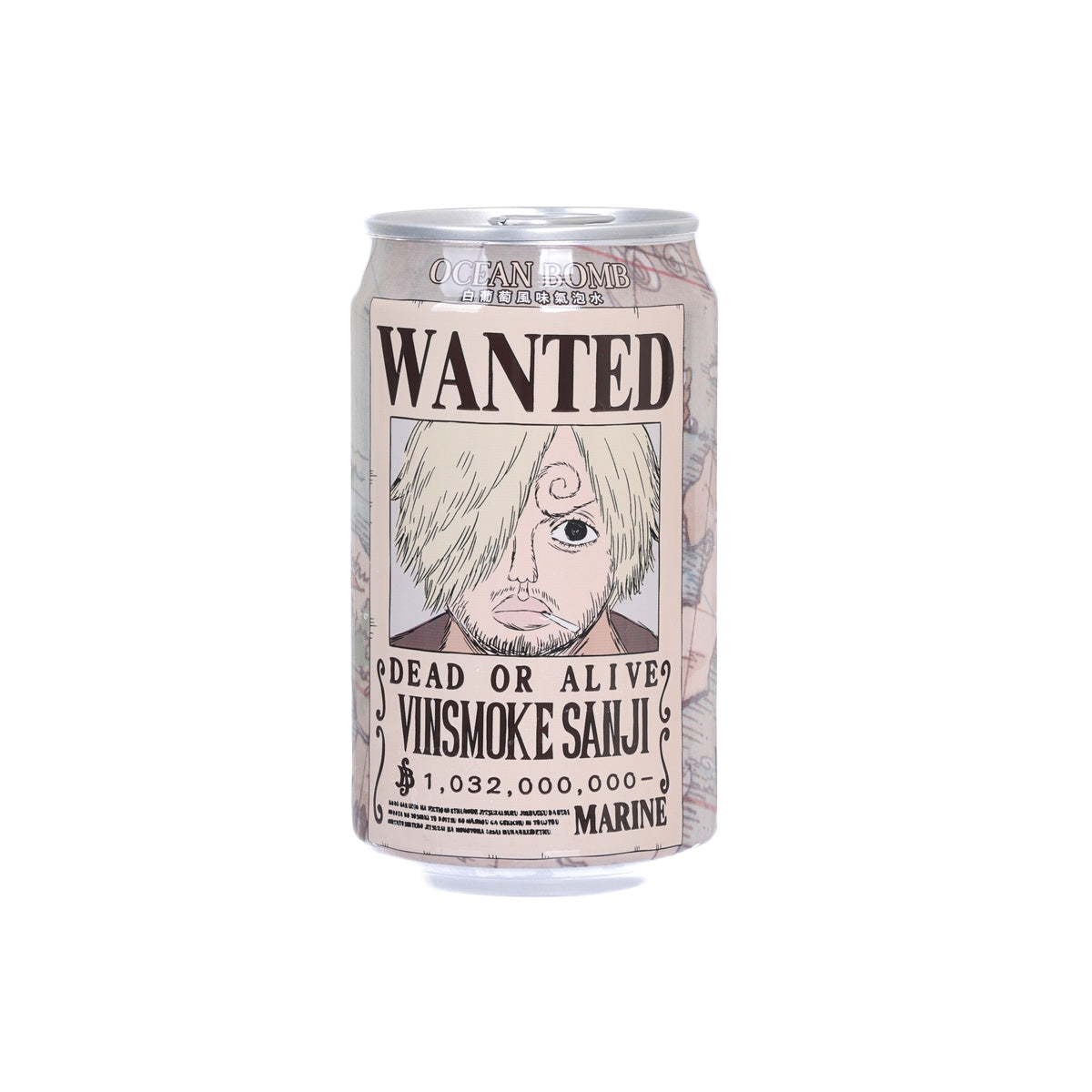 Sparkling water can with “WANTED” poster-style graphic and illustrated face.