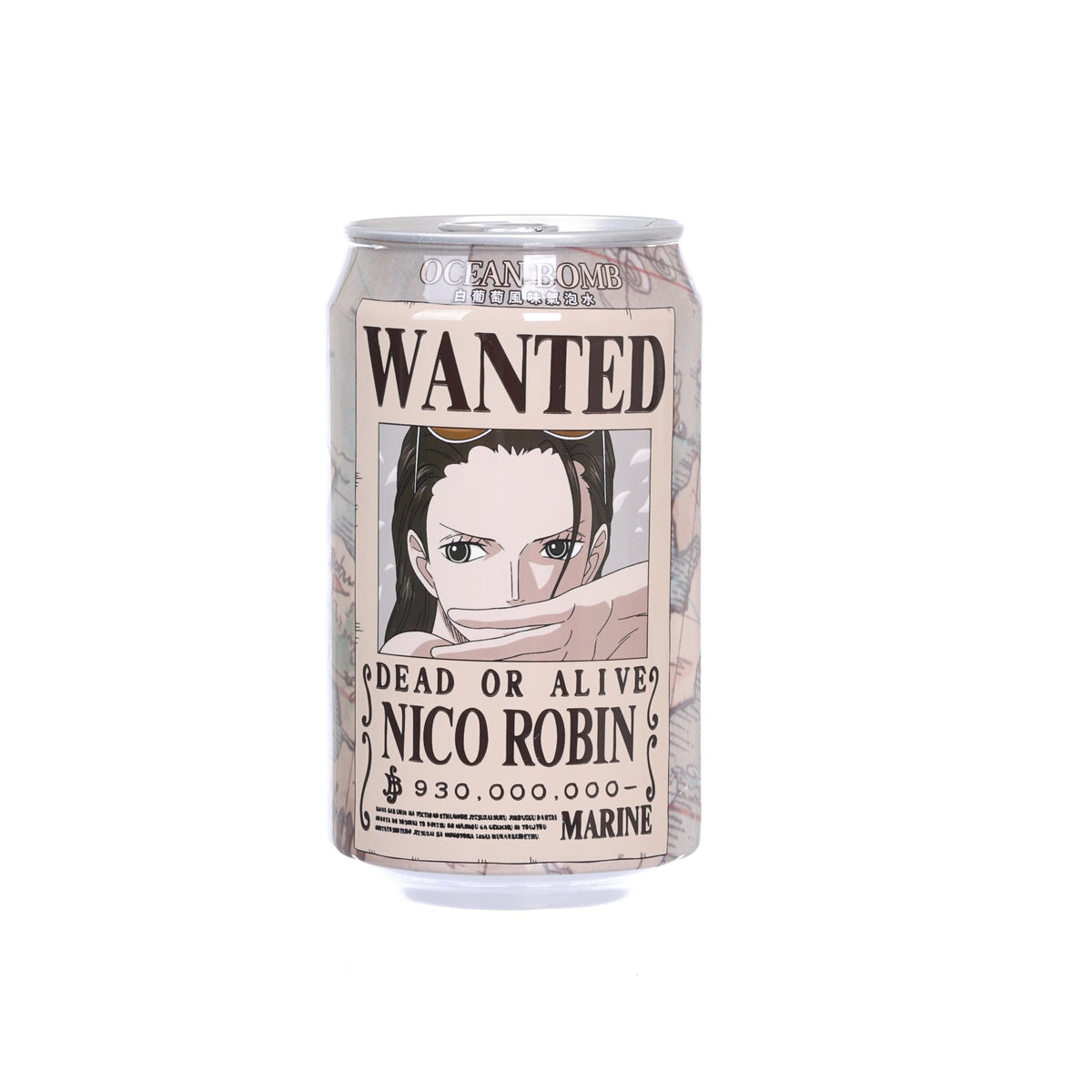 Sparkling water can with “WANTED” poster-style graphic and anime character portrait.