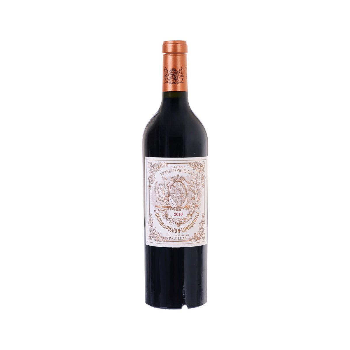 Dark red wine bottle with copper foil neck and front label