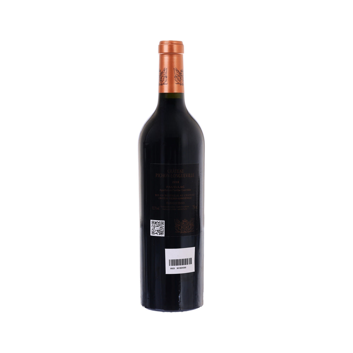 Dark red wine bottle with copper foil neck and back label with barcode
