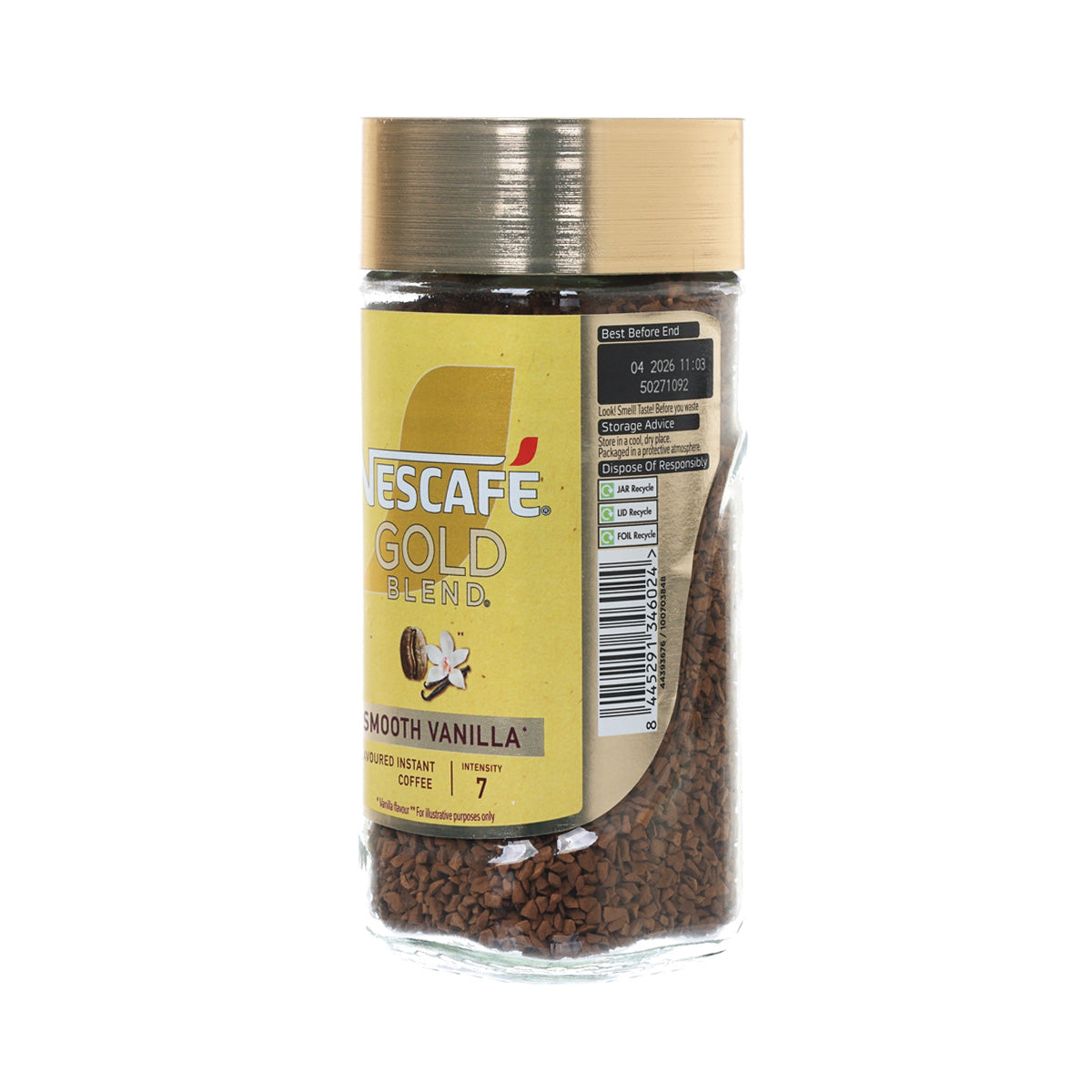 NESCAFE Gold Blend Smooth Vanilla instant coffee jar, barcode and back label view