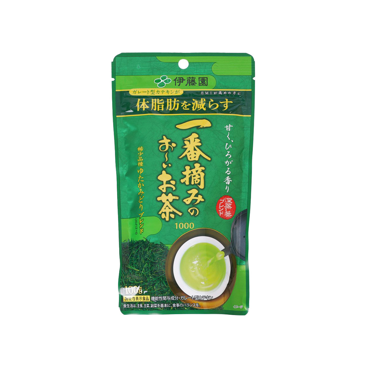 Green tea blend pouch with cup graphic, Japanese label, 100 g