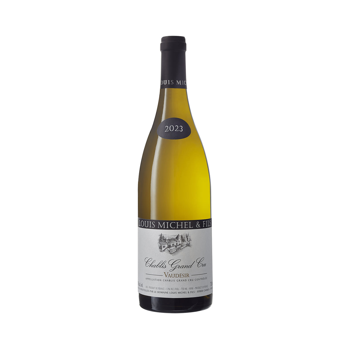 White wine bottle with 2023 label, DOMAINE LOUIS MICHEL Chablis Grand Cru Vaudésir.
