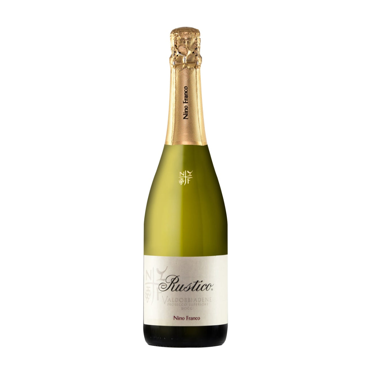 Champagne bottle with gold foil capsule, green glass, and white label marked Rustico