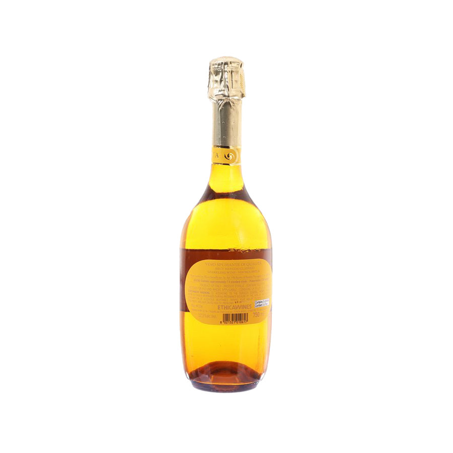 VILLA SPARINA sparkling wine bottle with gold liquid, back label and barcode