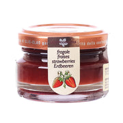 Strawberry jam jar with round front label and orange-red jam in glass container