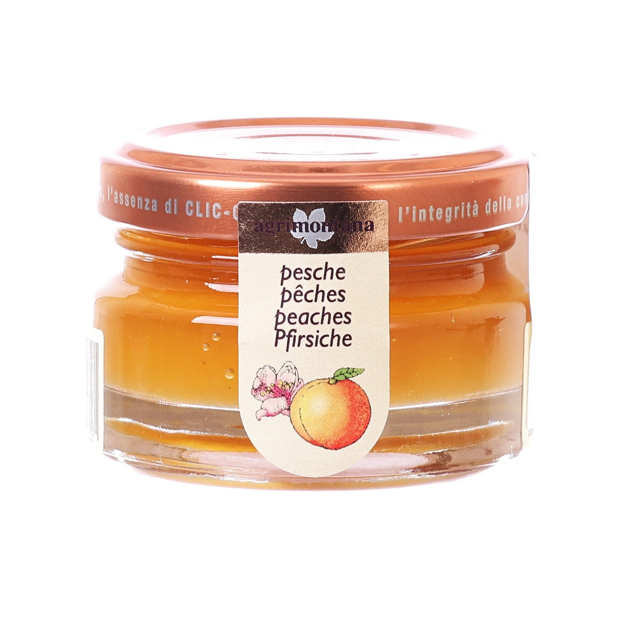 Peach jam jar with orange-red glass, round lid, front label with fruit illustration