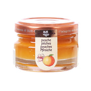 Peach jam jar with orange-red glass, round lid, front label with fruit illustration
