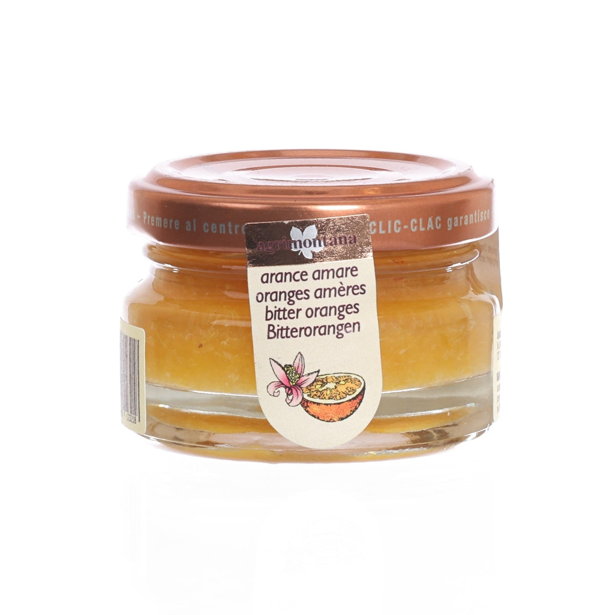 Amber bitter orange marmalade jar with front label and fruit illustration