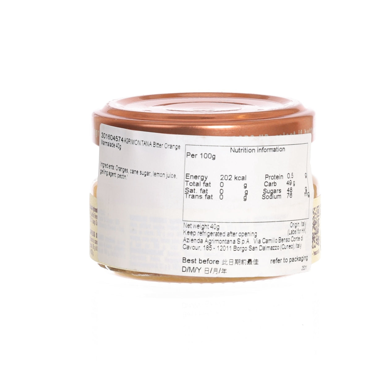 Bitter orange marmalade jar back with nutrition information and label text