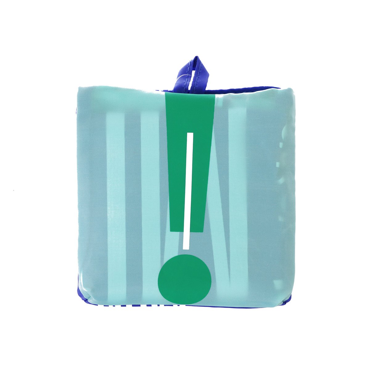 Foldable tote bag in light teal with green and blue graphic panels and short handles