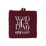 Large foldable environmental tote bag, deep burgundy with front graphic print