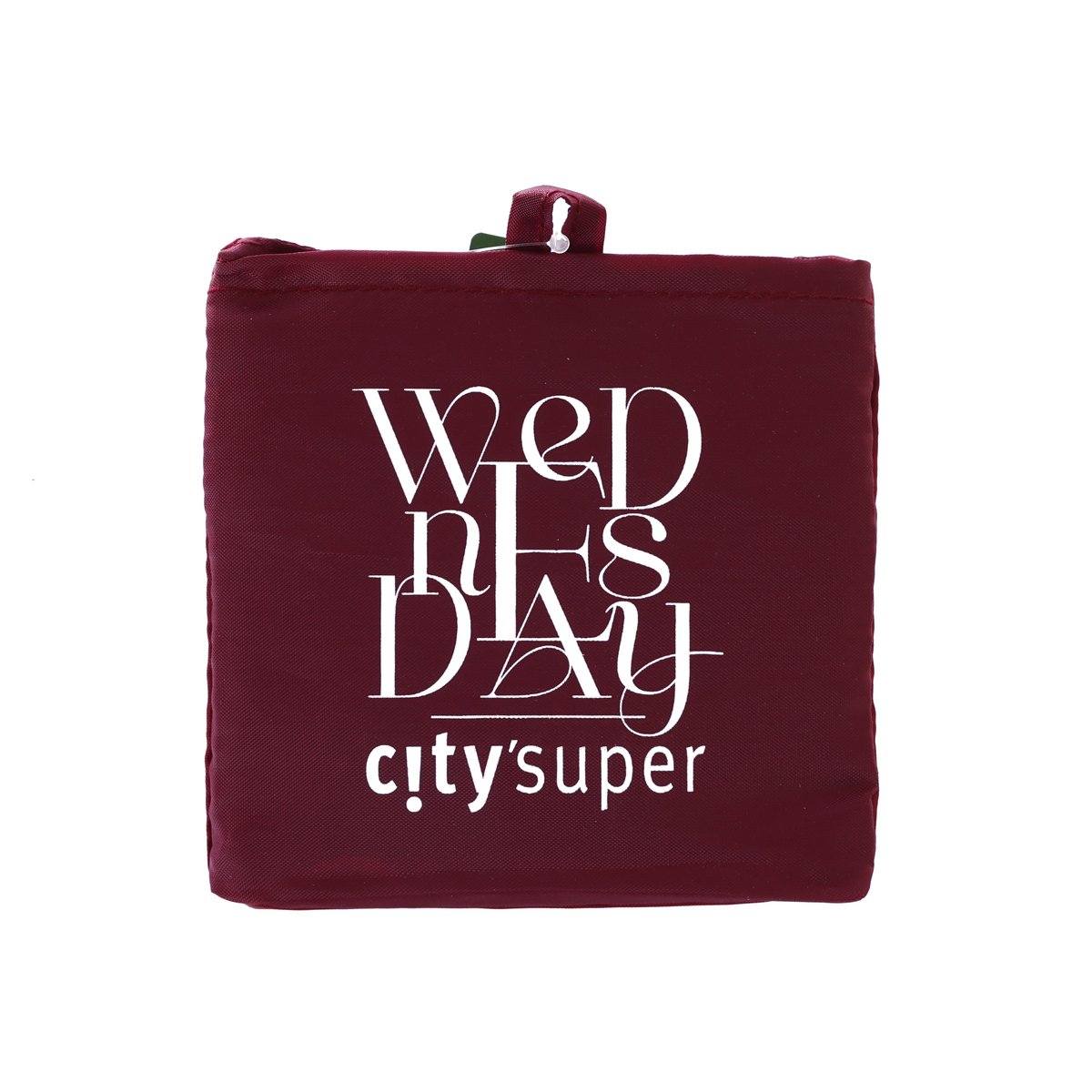 Large foldable environmental tote bag, deep burgundy with front graphic print