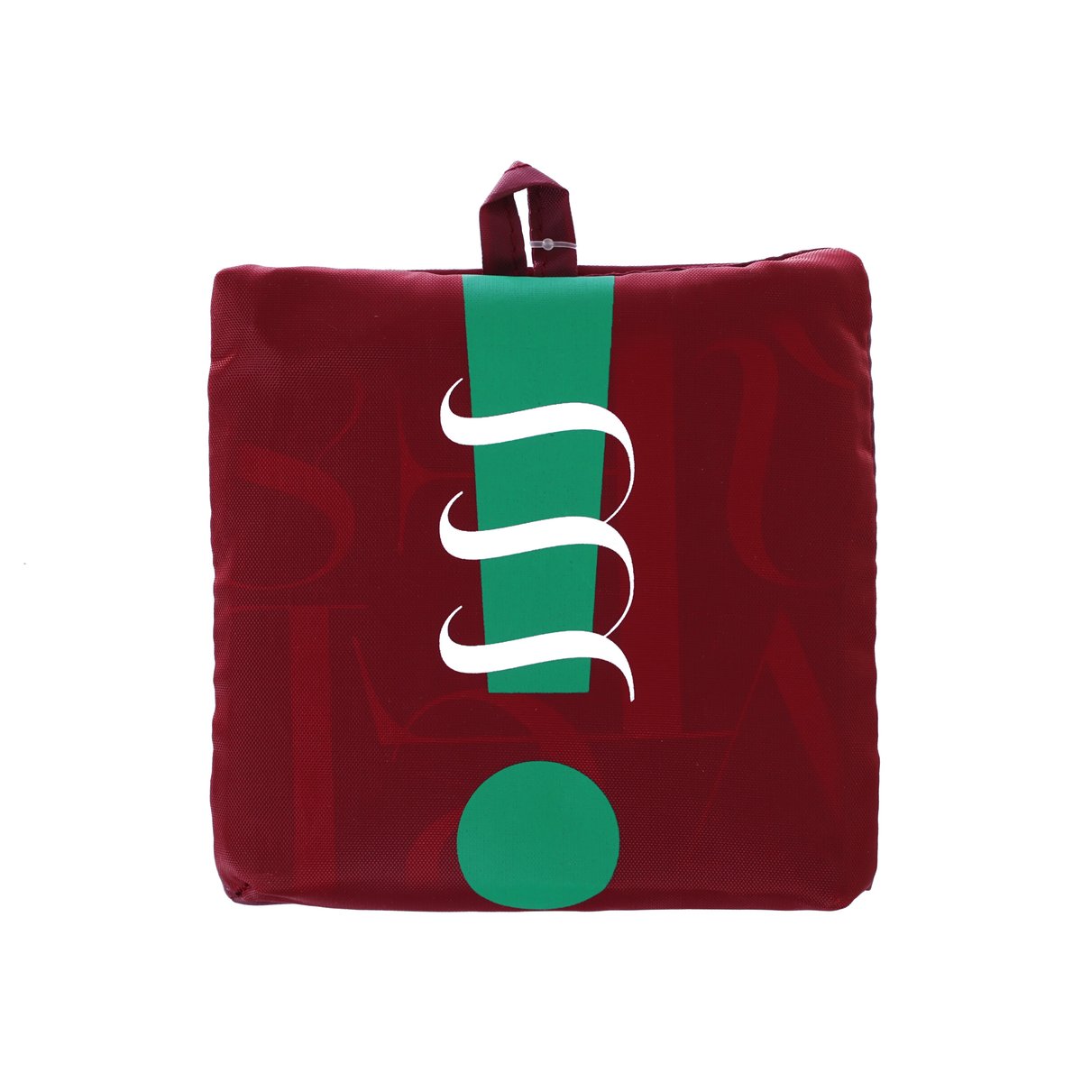 Folded large foldable tote bag, deep burgundy with green-backed graphic