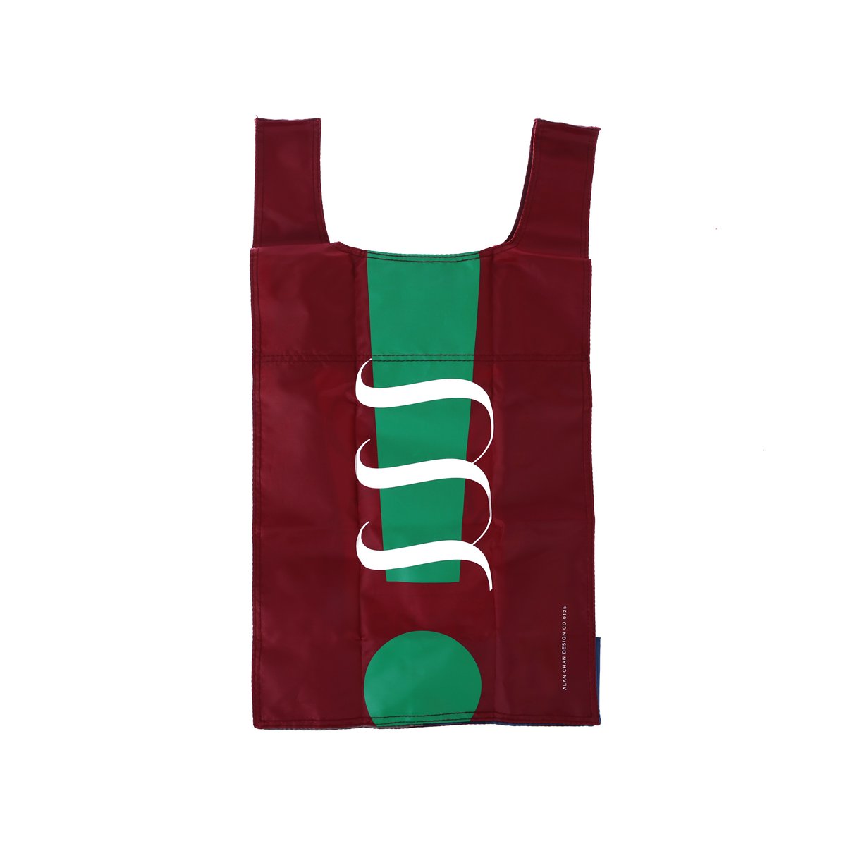 Large foldable tote bag, burgundy with white graphic and green accent panel