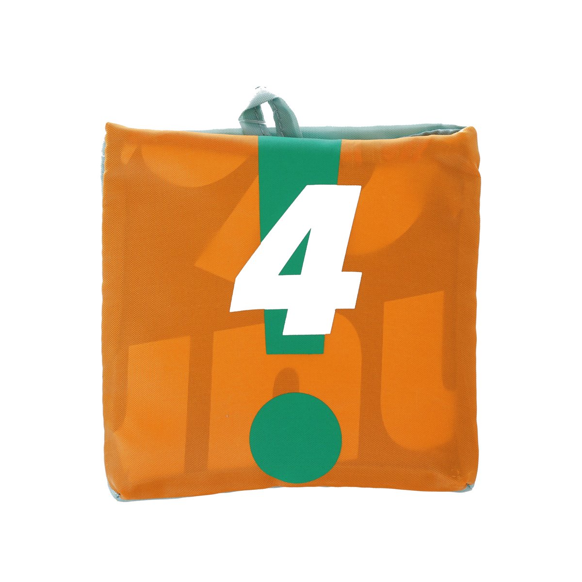 Orange reusable tote bag with green-and-white “4” graphic and foldable handle