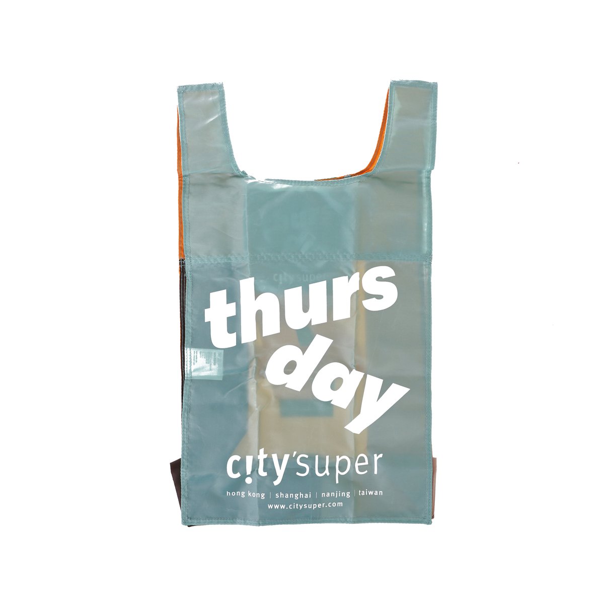 Teal reusable tote bag with large “thurs day” and “city’super” logo on front
