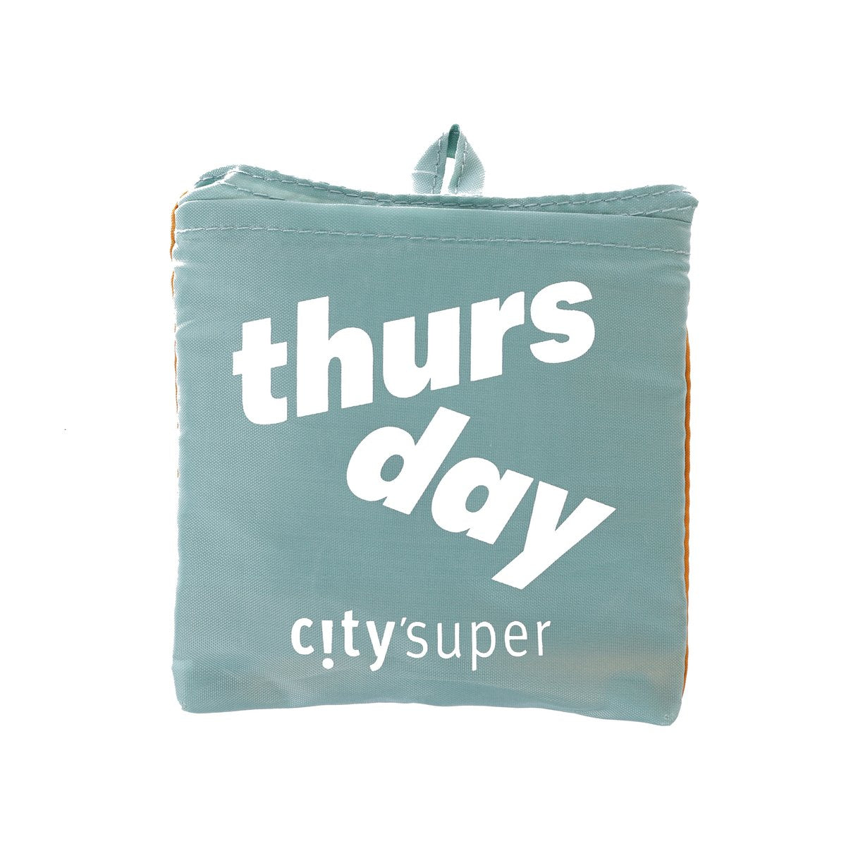 Teal reusable tote bag with “thurs day” “city’super” text and foldable pouch top