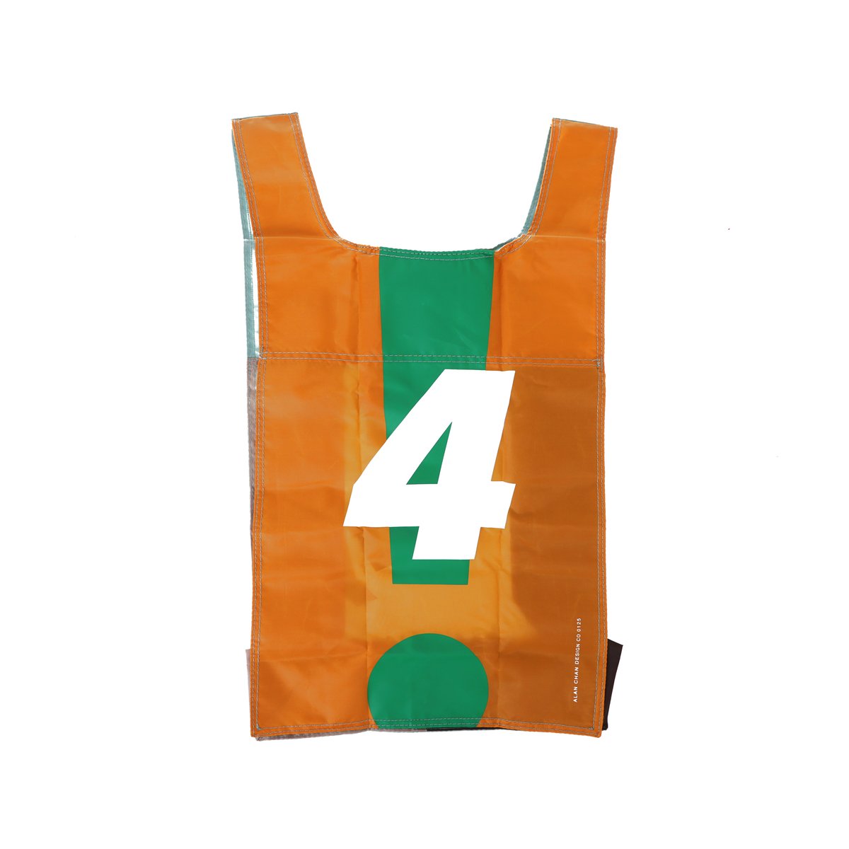 Orange reusable tote bag with centered green-and-white “4” graphic and open handles