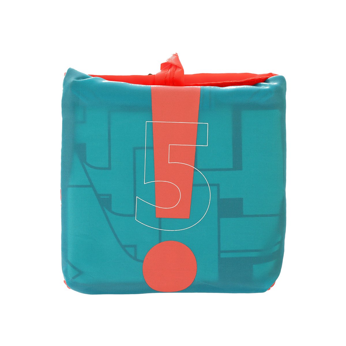 Teal foldable tote bag with top handle, coral '5' graphic, and dot accent.