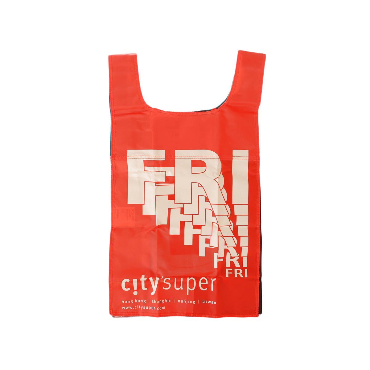 Red foldable tote bag with shoulder straps and citysuper logo graphic.