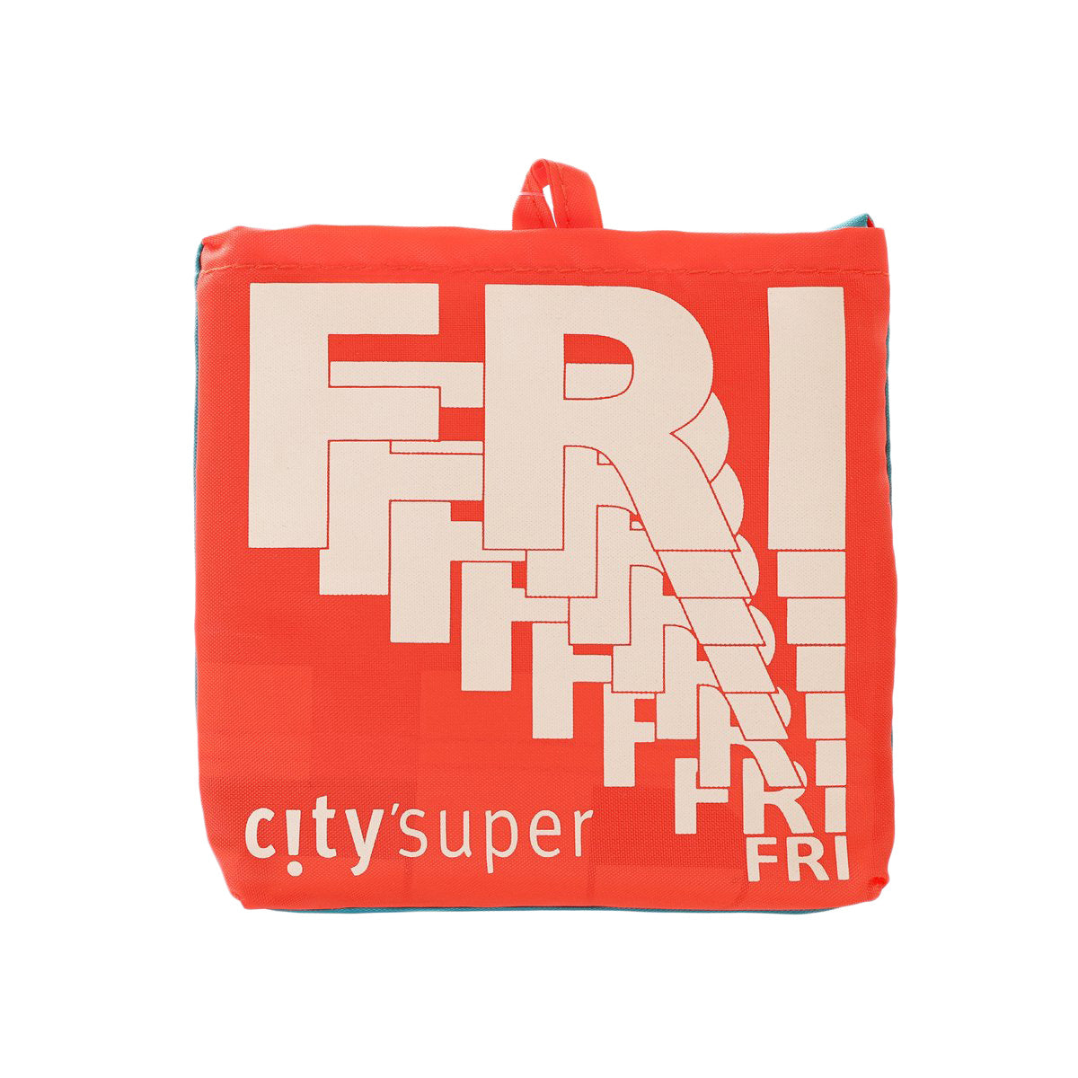 Red foldable environmental tote bag with large graphic print and carry handle.