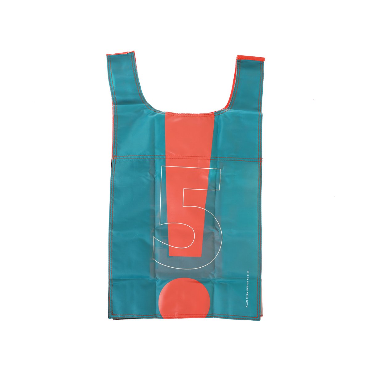 Teal foldable tote bag with coral accents and large '5' graphic.