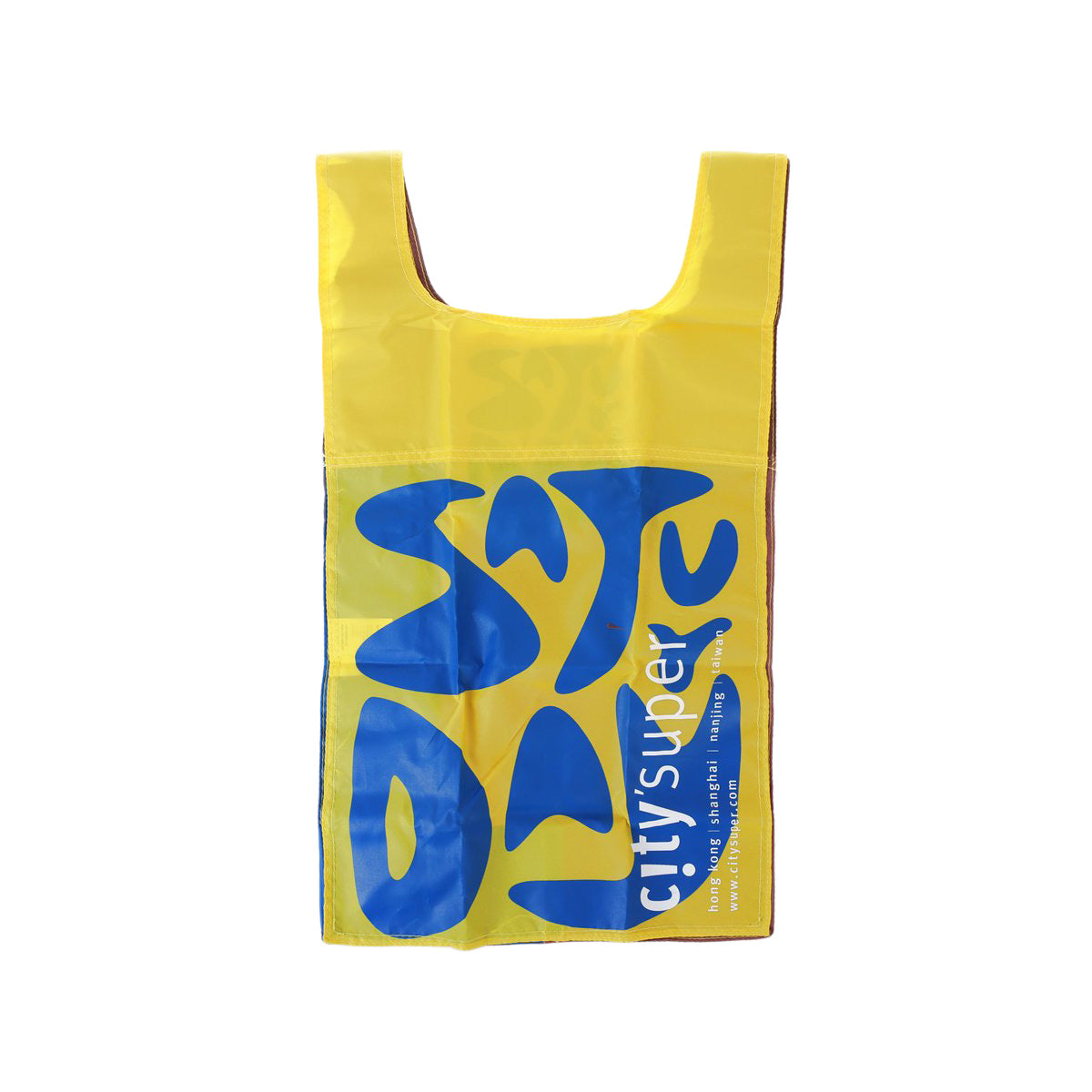 Large yellow tote bag with blue graphic and vertical logo text