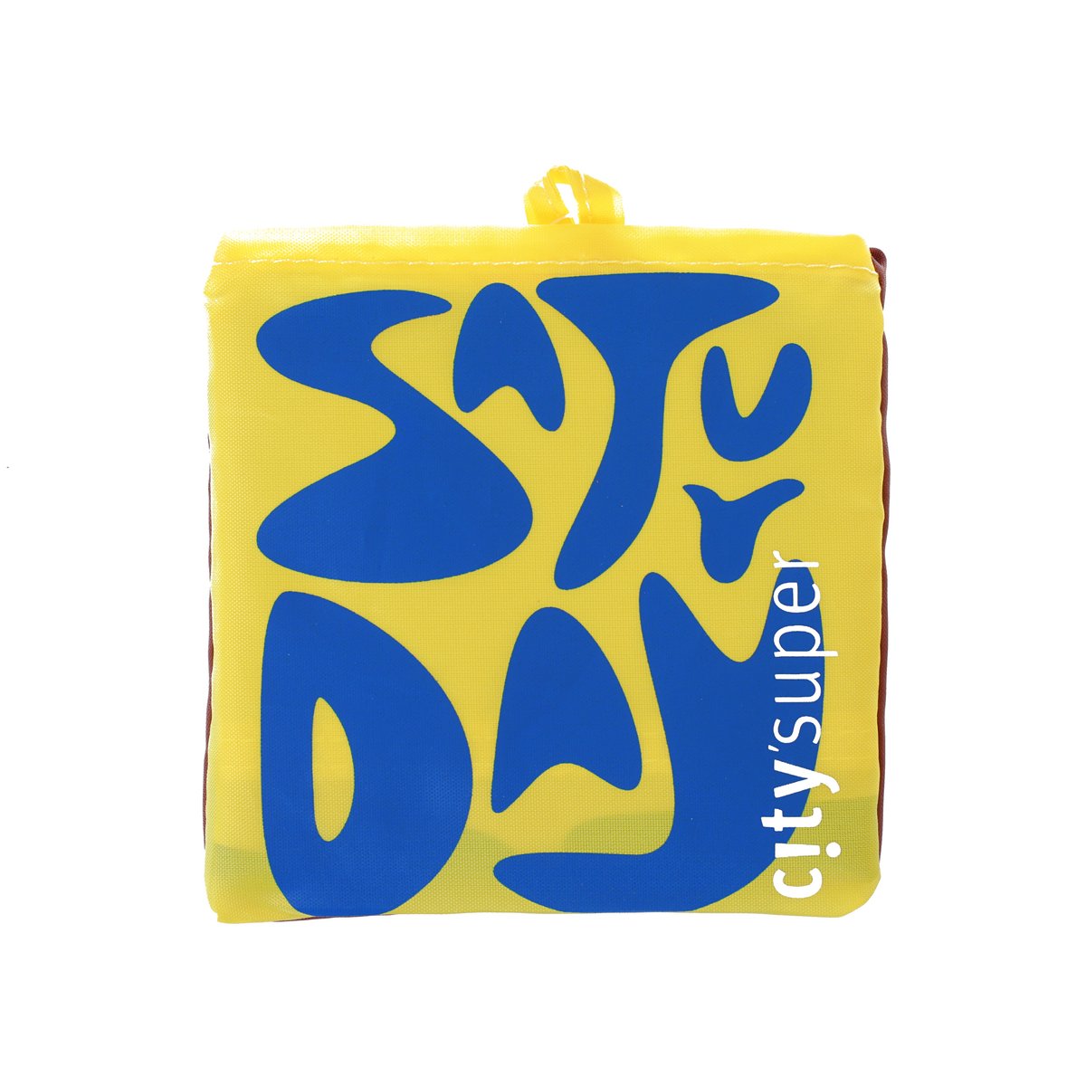 Large yellow foldable tote bag with blue graphic and carry loop