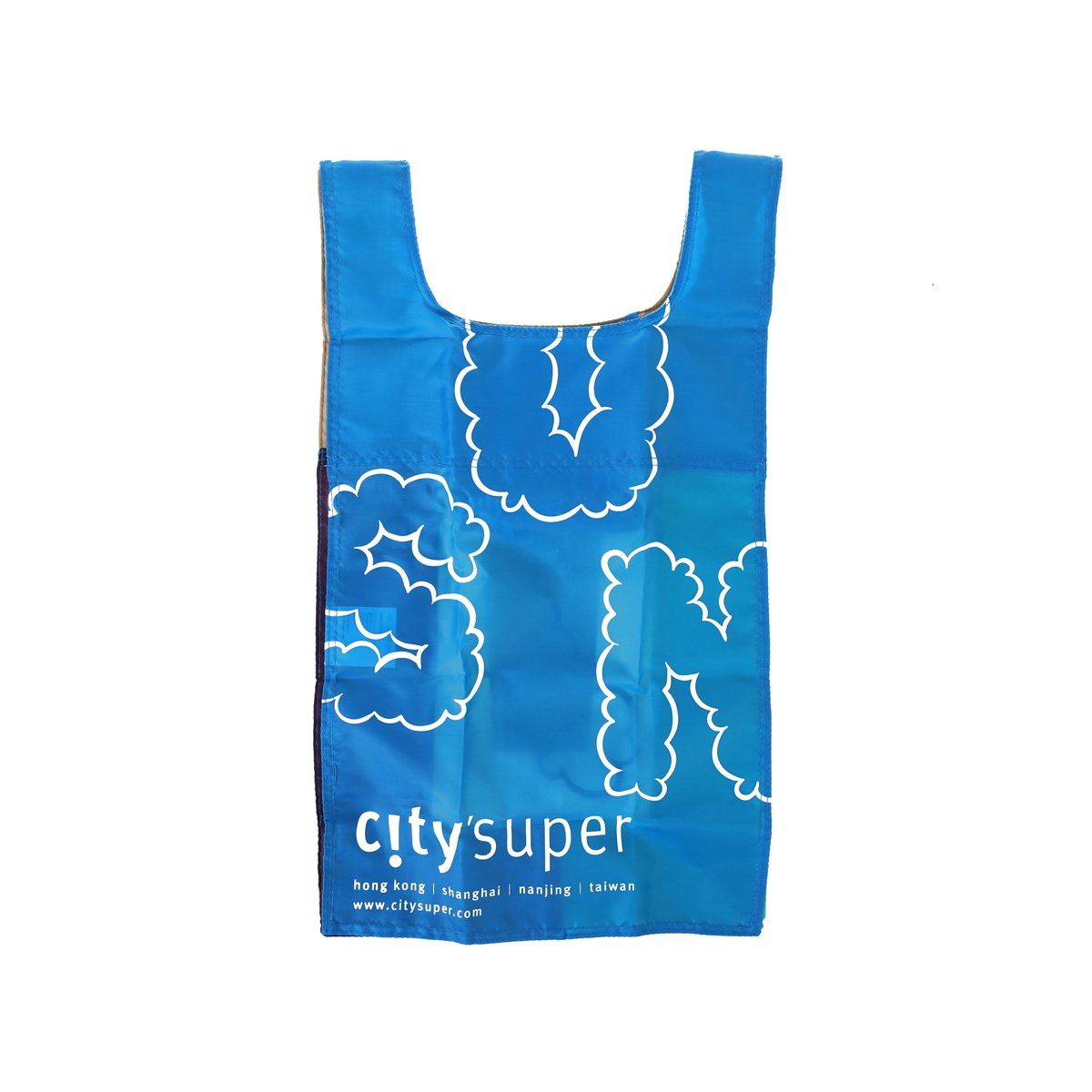 Foldable blue tote bag with U-shaped handles and cloud graphic, city text at bottom