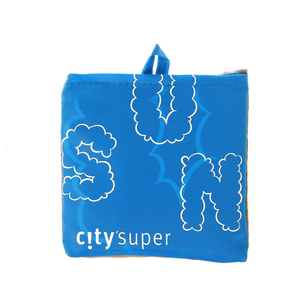 Large environmental pocketable tote bag in blue with fold-away handles and cloud prints