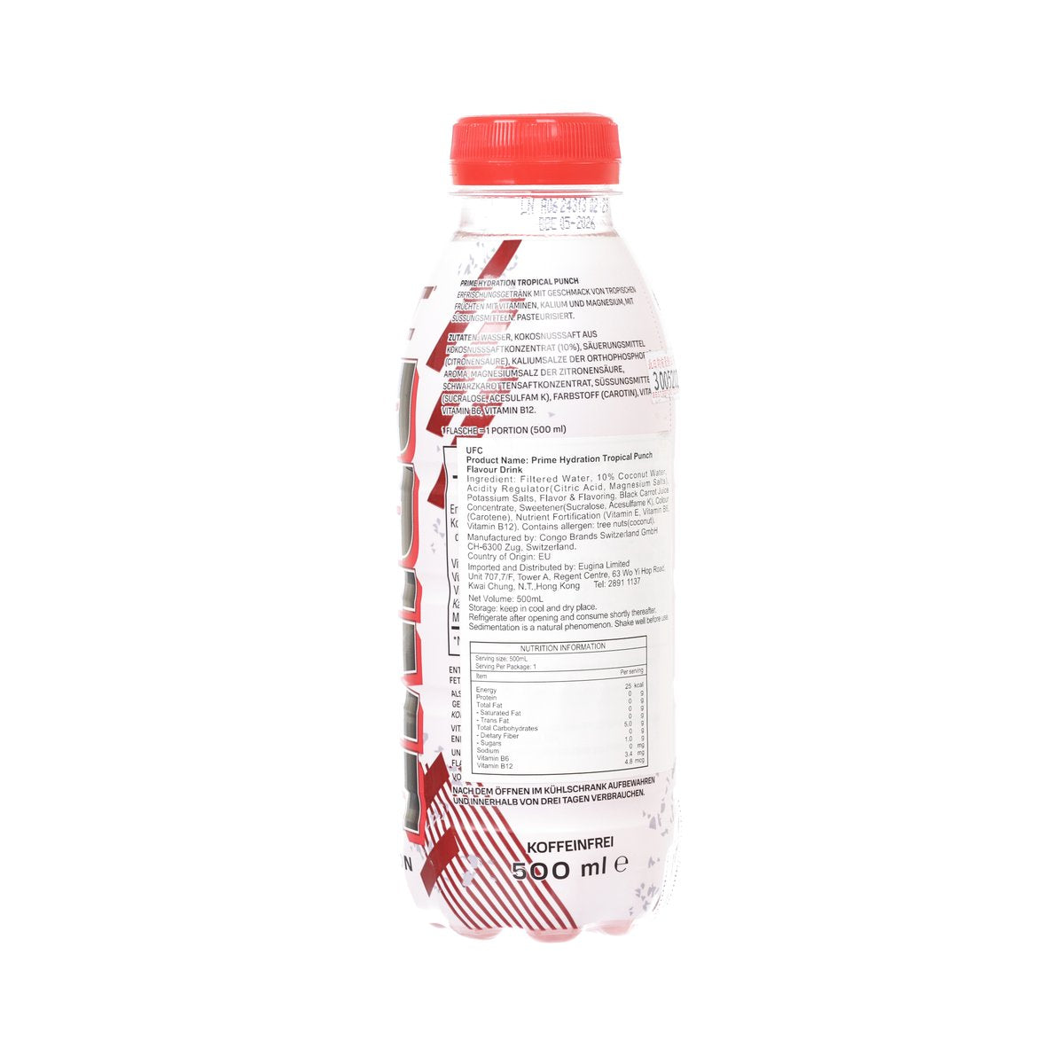 500 mL hydration drink bottle with back label showing ingredients and nutrition