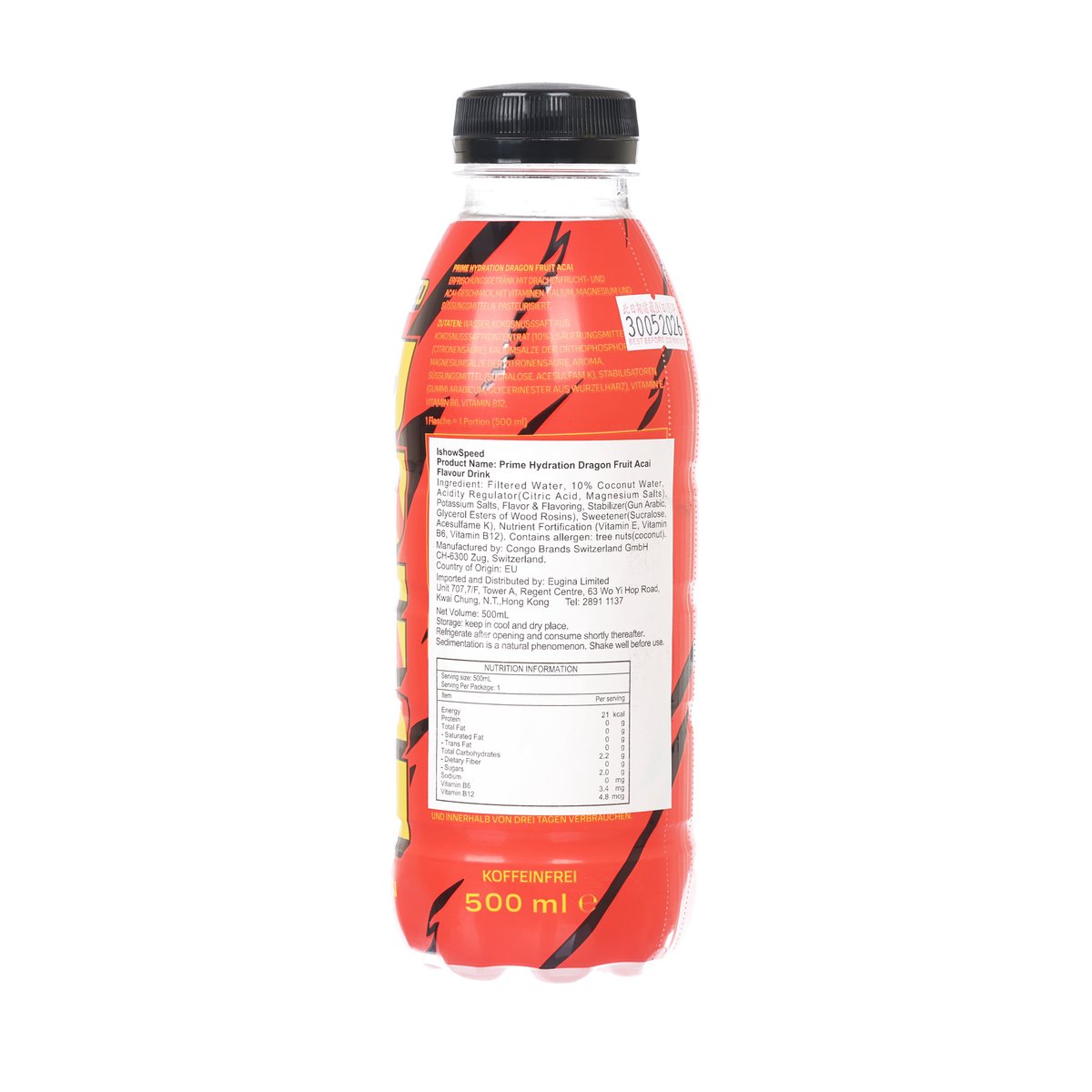 500 mL hydration drink bottle with black cap and back nutrition label