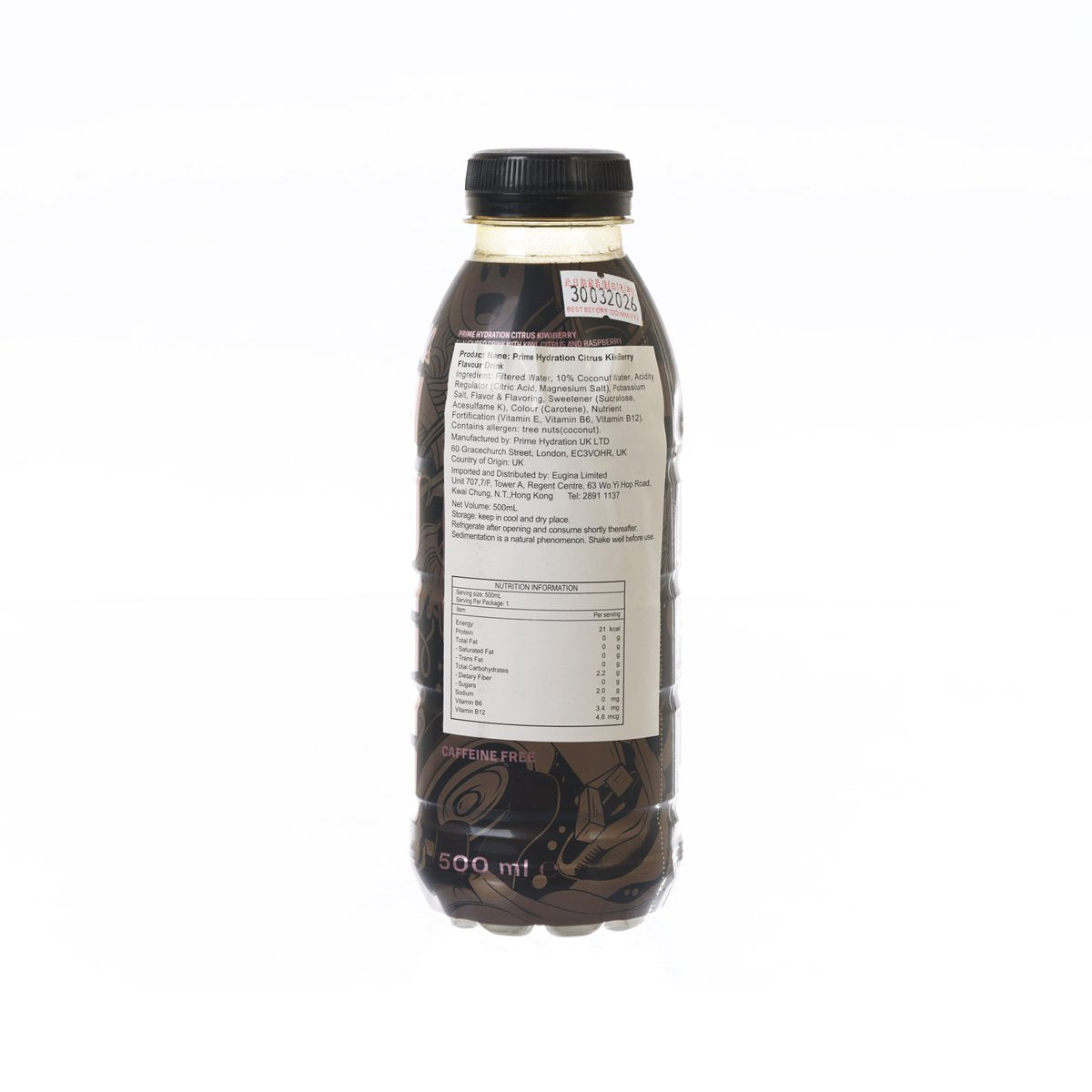 500 mL hydration drink bottle with black cap, back nutrition panel on dark brown bottle