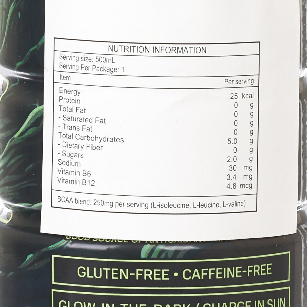 Nutrition facts label on bottle with gluten-free and caffeine-free text, 500 mL