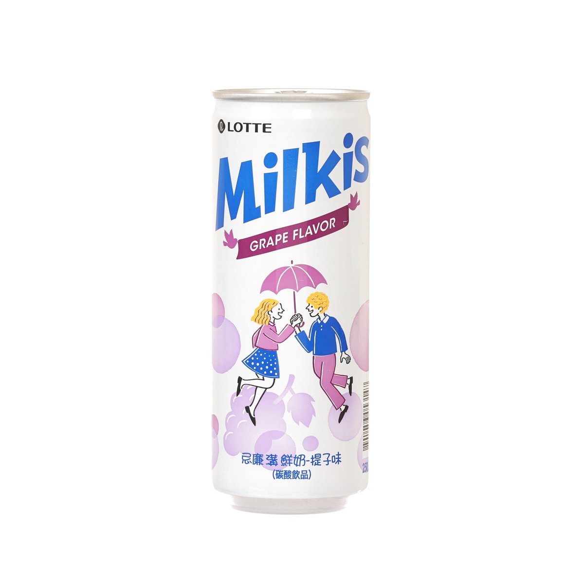 Milkis grape-flavor carbonated soft drink can, white with purple graphics