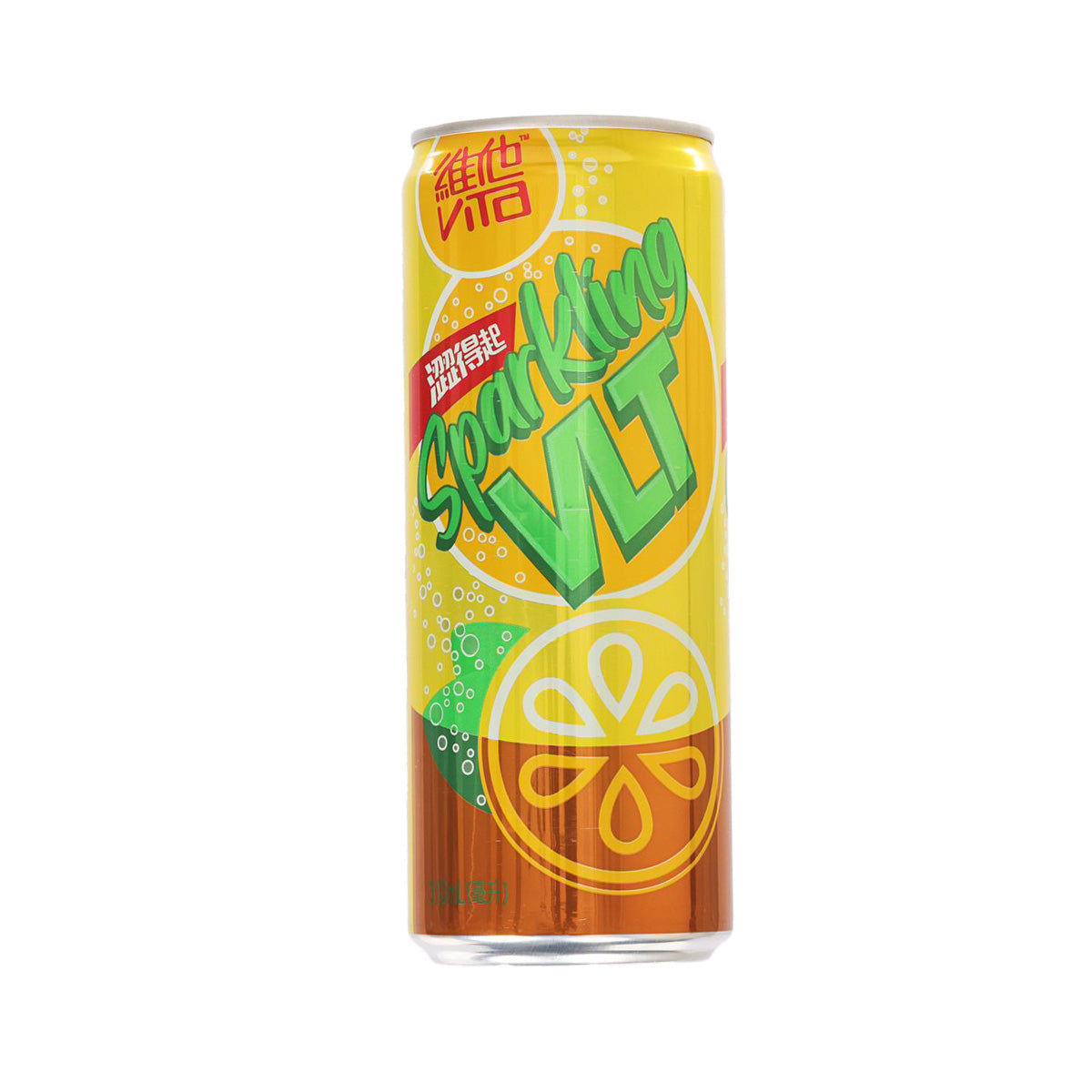 VITA sparkling lemon tea drink can, yellow and green graphic design, 310 mL