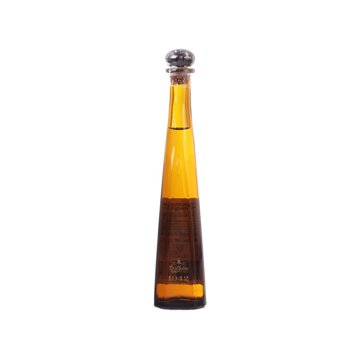 Tequila bottle, DON JULIO 1942, amber liquid with dark front label