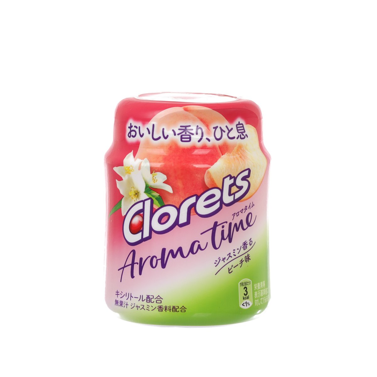 Clorets Aroma Time chewing gum pack in jasmine peach flavor, 121 g, front view