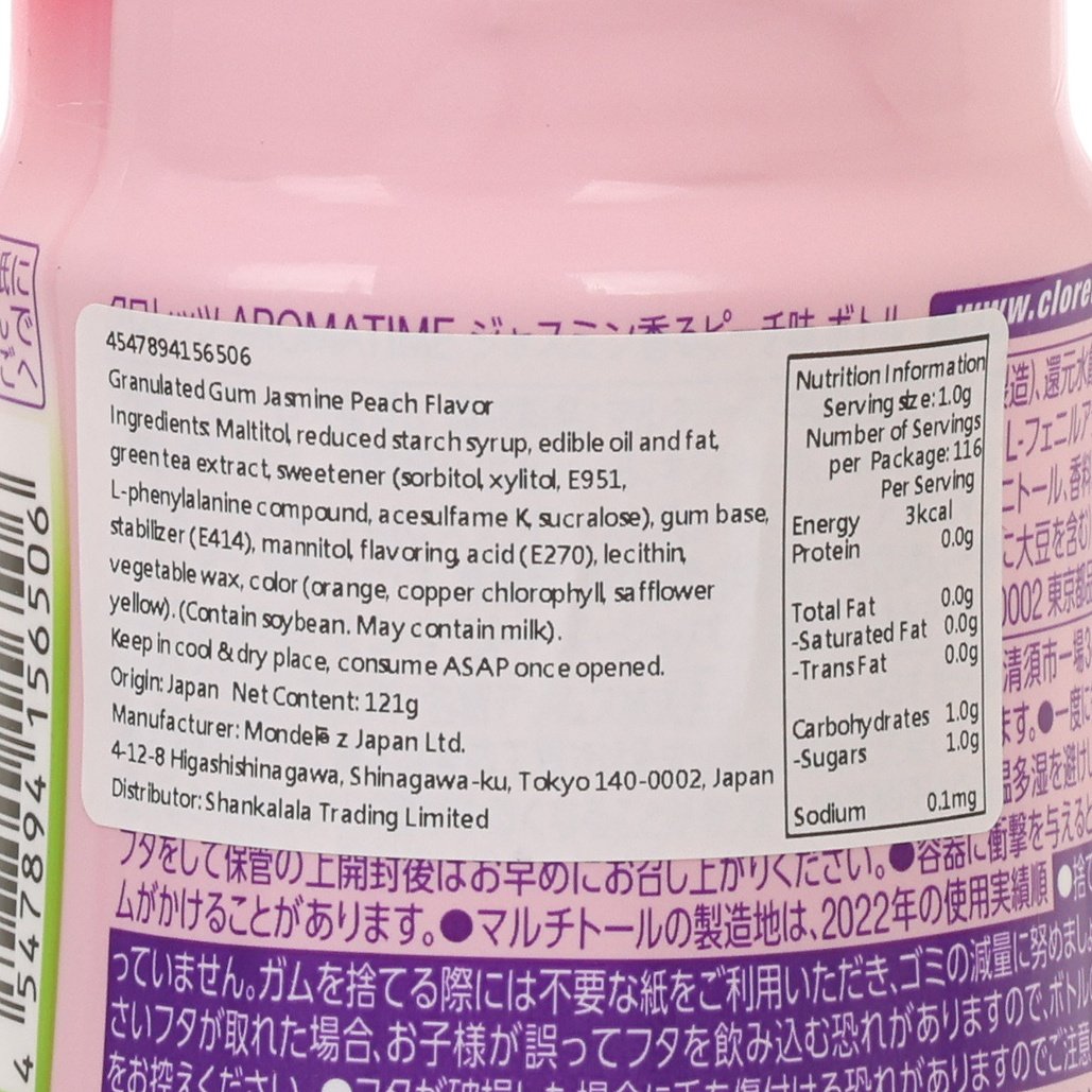 Clorets jasmine peach chewing gum ingredients and nutrition facts panel close-up
