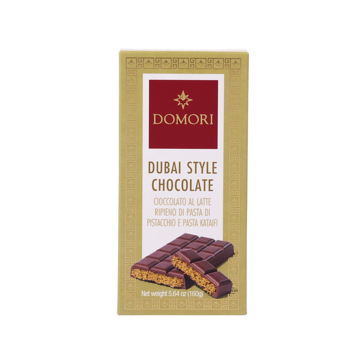 DOMORI Dubai-style chocolate bar in gold rectangular package