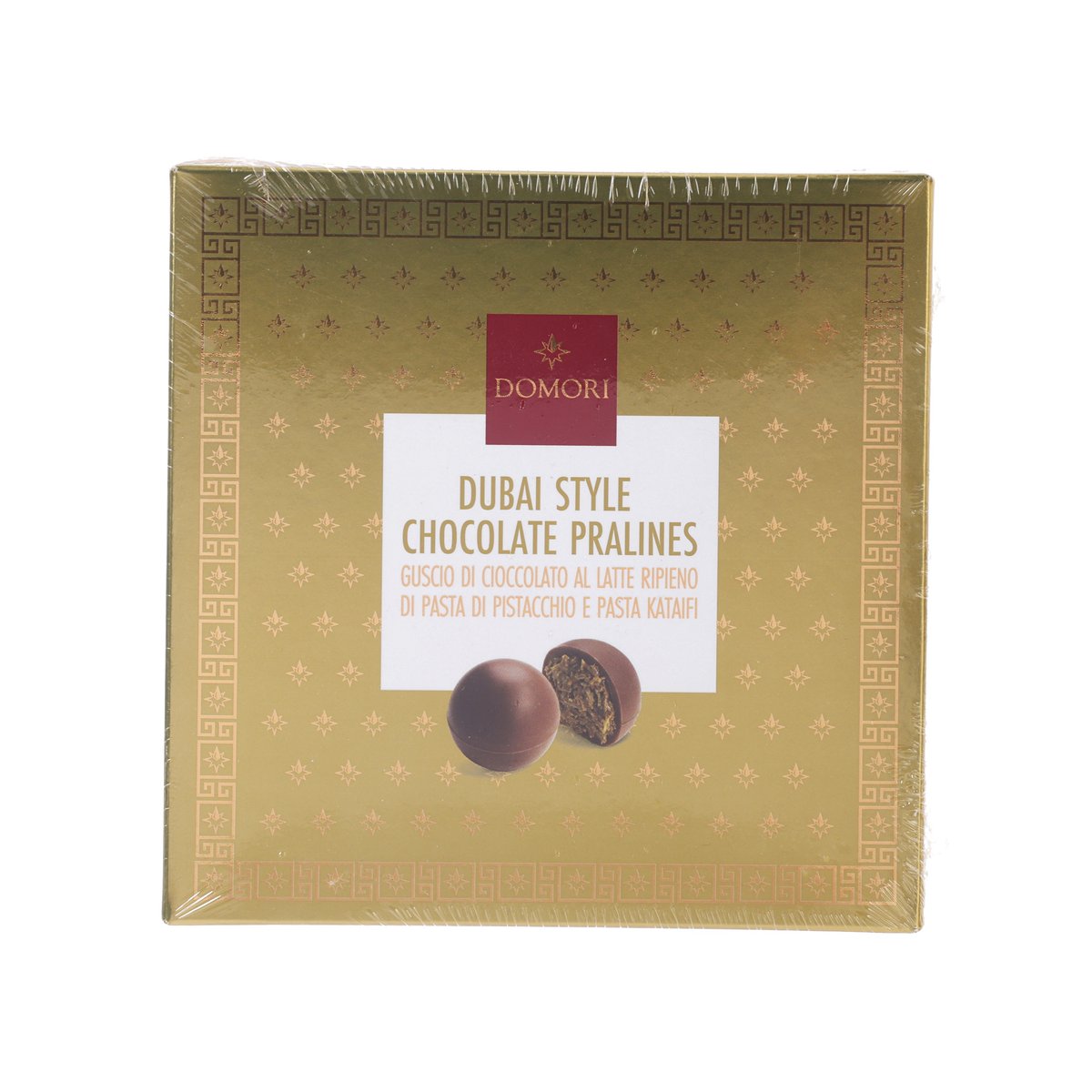 Chocolate pralines gift box with DOMORI logo and Dubai Style label