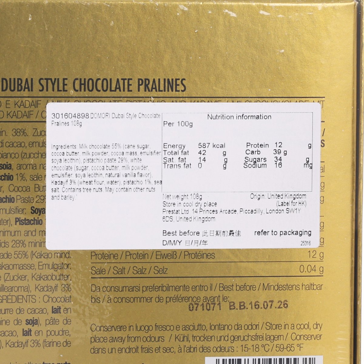 Chocolate pralines box side with nutrition facts table and ingredient info