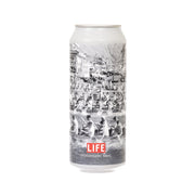 IPA beer can with B&W city art and red LIFE label